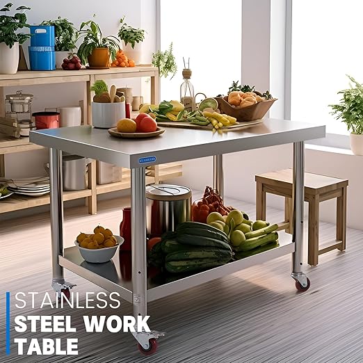Stainless Steel Table for Prep & Work with 4 Caster Wheels with Undershelf 30 x 36 NSF Metal Commercial Kitchen Adjustable Under Shelf Worktable for Restaurant Home Outdoor