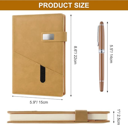 A5 Lined Leather Journal with Pen, 240 Pages Refillable Hardcover Notebook with Pocket and Magnetic Buckle, 80gsm Thick Daily Diary for Men and Women, Great Gift for Business School Travel Personal -