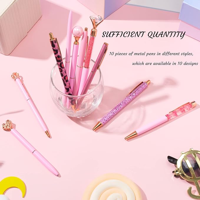 10 Pcs ballpoint pens for journaling,Metal Crystal Diamond pink Pen Glitter,Black Ink Pretty Cute Fancy Pens Gifts for Women Girls Wedding Birthday School Office Desk
