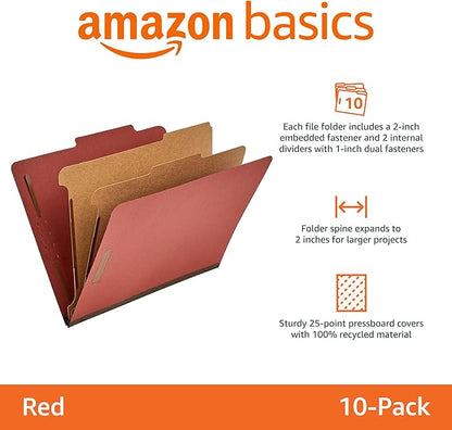 Amazon Basics Pressboard Classification File Folder with Fasteners, 2 Dividers, 2-Inch Expansion, Pack of 10, 12.17 x 10.67 inch (Letter), Red
