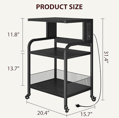 Printer Stand with Power Outlet, Large Printer Table with Adjustable Storage Shelf, 3 Tier Office Rolling Printer Stand with Wheels for Home Office, Fax Machines, Scanners, Rustic Black