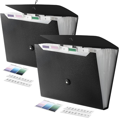 2 PCS Expanding File Folder A4,13 Pockets File Organiser with Colored Tags, Paperwork A4 Plastic Wallet Document Storage Expander for School,Office and Home, Black