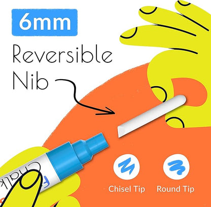 10 Liquid Chalk Markers for Blackboard, Window, Chalkboard, Glass, Car, Mirror, Wall Calendar (10 pack, 6mm Reversible Tip) | Chalk Pens for Dry Erase Board, Chalkboard Markers Erasable