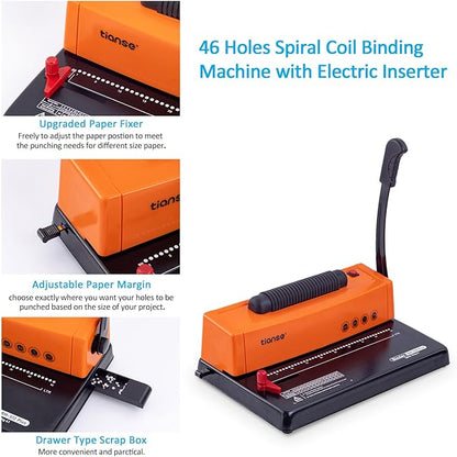 TIANSE Binding Machine, Spiral Coil Binder Machine, Manual Book Maker Punch Binder with Electric Coil Inserter,Suit for Letter Size / A4 / A5