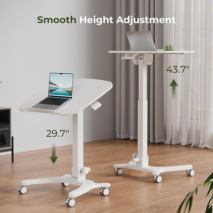 Foldable Mobile Standing Desk, 27"×21" Portable Rolling Laptop Desk with 90° Tiltable Board, Height Adjustable Mobile Desk Workstation with Wheels, Folding Desk for Home Office, White