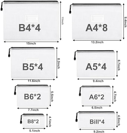 EOOUT 30pcs Mesh Zipper Pouch Bags, Waterproof, Plastic Zip File Document Folders, 8 Sizes Zipper Pouch for School Office Supplies Cosmetics and Board Game Storage