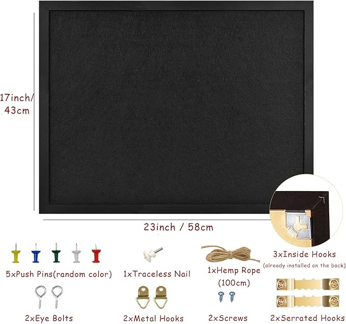 Black Bulletin Board Large Cork Board with Felt, 23"x17" Large Display Pin Board Vision Board for Walls, Jewelry, Notes, Collection, Photos, Office, Black Framed and Black Felt, 1pc