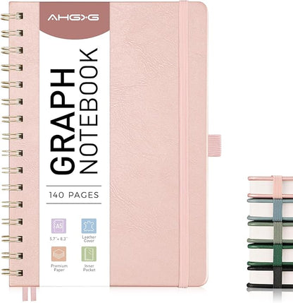AHGXG Graph Paper Notebook - Spiral Notebook Hardcover Leather Journal 140 Pages, A5 Grid Paper Notebook 5.7" x 8.3", 100 gsm Thick Paper, for School Writing Graphing Engineering, Rose Gold