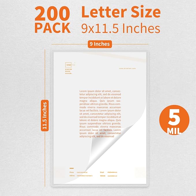 Binditek 200 Pack 5 Mil Thermal Laminating Pouches, 9x11.5 Inches Laminating Sheets, for Letter Size, Ultra Clear, Glossy, Hold 8.5x11 Inches, Heat Seal, School Office Supplies