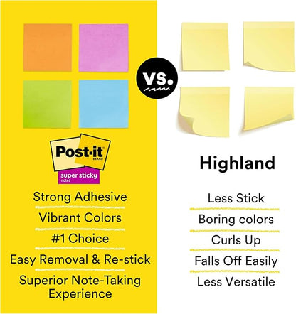 Post-it Super Sticky Notes, 12 Sticky Note Pads, 3 x 5 in., School Supplies, Office Products, Sticky Notes for Vertical Surfaces, Monitors, Walls and Windows, Canary Yellow