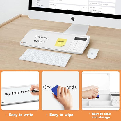 SELEAD Desktop Glass Whiteboard with Calculator & Built-in Mirror, Dry Erase White Board Computer Pad Keyboard Stand with Organizer Drawer, Desk Accessories for Home, School, Office