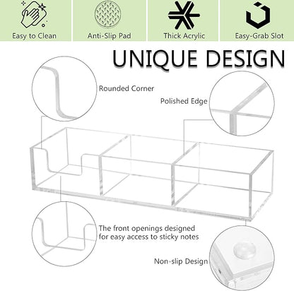 Acrylic 3in1 Sticky Note Holder Desk Organizer, 11.8" x 3.9" x 2.3" Self-Stick Memo Pad Dispenser for School Office Home Post Bank with 3 Compartments (DP003)