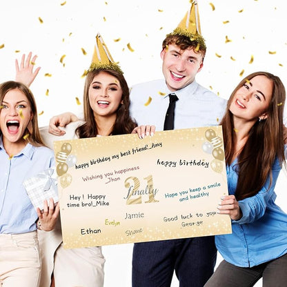 Large 21st Birthday Gift Card With Envelope for Boys Girls, 2004 Black Gold Happy 21st Birthday Giant Guest Signature Book Gifts, Big Vintage 21st Greeting Card Decoration Party Supply