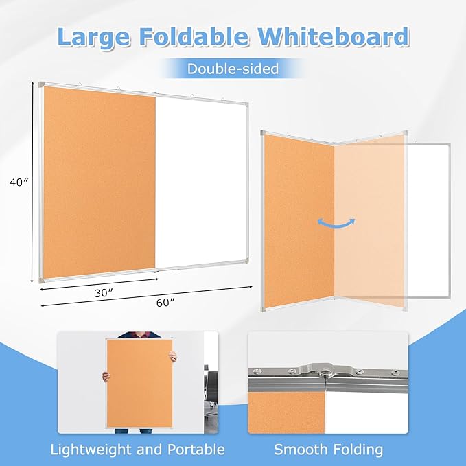 DOLLAR BOSS Foldable Cork Board White Board Combo 60 x 40 Inch Extra Large Magnetic Whiteboard Dry Erase Bulletin Board Portable Double Sided Aluminum Frame Pin Board for School Office with Markers