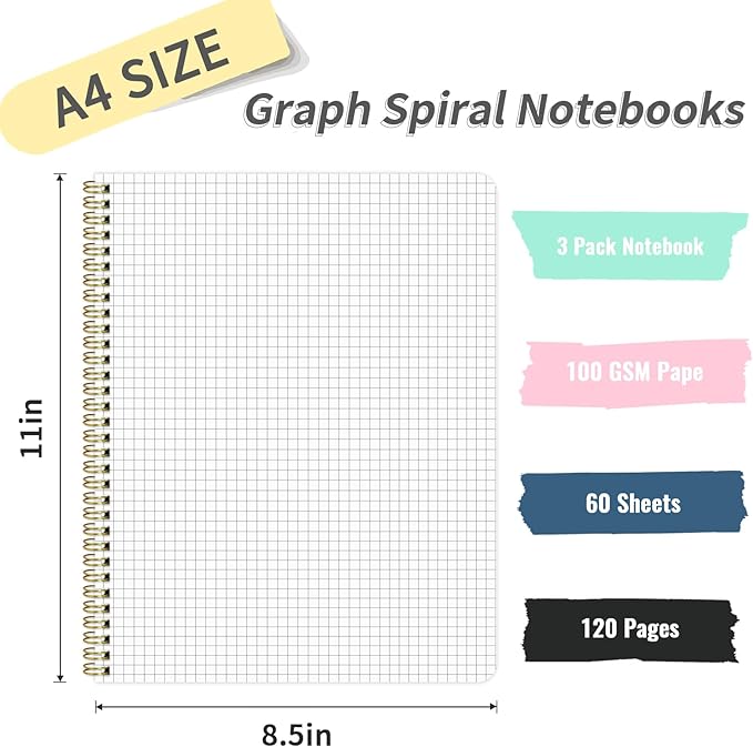 Grid Notebook 8.5" x 11", A4 Black Graph Paper Notebook Hardcover College Ruled Notebook for Work, 120 Pages 100GSM Large Thick Spiral Writing Journal for Women & Men