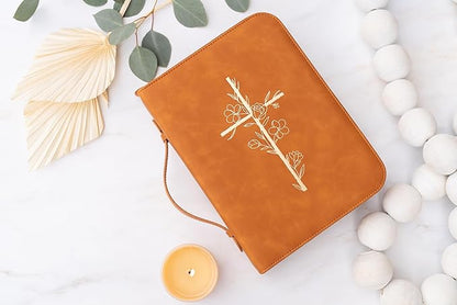 Bible Cover Case for Women - PU Leather Bible Covers for Women –Bible Case for Girls - Minimalist Design Debossed Bible Case, Large Bible Covers for Women – Bible Accessories (Brown/Gold)