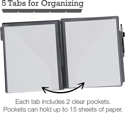Samsill 10 Pocket Poly Organizer with 5 Dividers, File Folders Letter Size, Refillable Notepad, Customizable Front Cover, Erasable Write-On Tabs, Pen Loop, Plastic Folders with Pockets, Gray