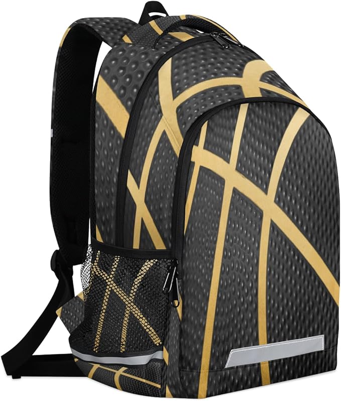 Balck Gold Sport Basketball Backpack School Bookbag Laptop Purse Casual Daypack for Teen Girls Women Boys Men College Travel