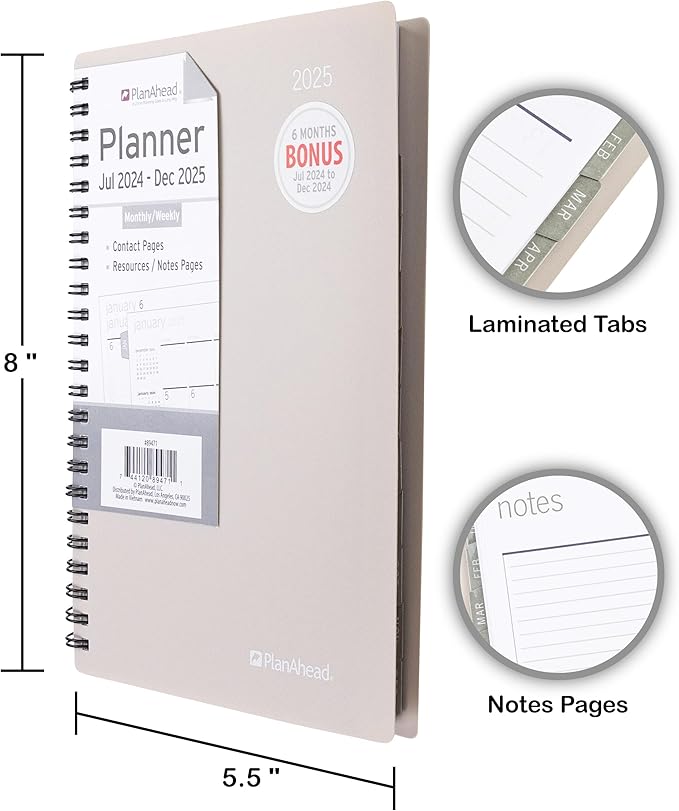 PlanAhead 2025 Planner - 8"x5.5" 18 Month Weekly & Monthly Academic Planner Notebook with Tabs - Spiral Calendar Agenda for School, Work & Office - No Color Selection Available, Chosen Randomly (Random 2025)