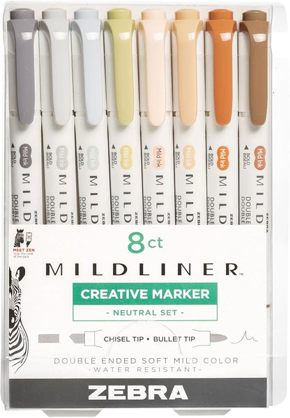Zebra Pen Mildliner Double-Ended Highlighter, Broad and Fine Point Tips, No Bleed Bible Assorted Neutral Vintage Ink Colors, 8-Pack, Model Number: 78208