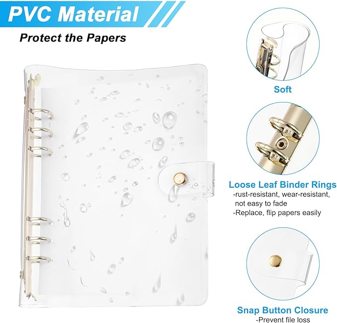 PATIKIL A5 Clear Binder Cover, 2Pcs Soft PVC Loose Leaf Binder Protector Refillable Notebook Shell with Snap Button Closure 6 Ring for DIY Meeting Notebook Folder, Gold Tone