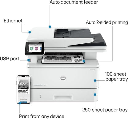 HP LaserJet Pro MFP 4101fdn Printer, Print, scan, copy, fax, Fast speeds, Easy setup, Mobile printing, Advanced security, Best for small teams, Ethernet/USB only