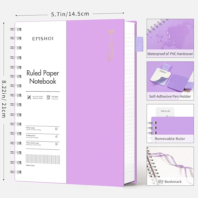 EMSHOI A5 Spiral Notebook College Ruled Lined Journal, Small 5.7" X 8.22", 300 Pages/150 Sheets, 100gsm Thick Paper, Waterproof Hardcover, for Office School Women Men Work Writing Notes-Purple
