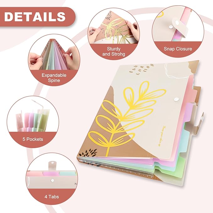 Ddaowanx Expanding File Folder, Letter A4 Size Accordion Plastic File Organizer, 5 Pocket Folders for Documents, Aesthetic Folder with Labels, Paper Organizer for School Office (Bohemian Printed 1)