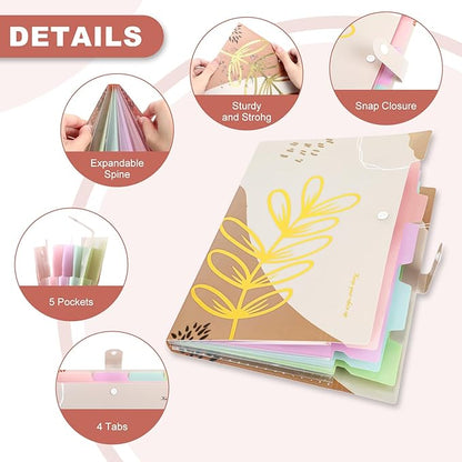 Ddaowanx Expanding File Folder, Letter A4 Size Accordion Plastic File Organizer, 5 Pocket Folders for Documents, Aesthetic Folder with Labels, Paper Organizer for School Office (Bohemian Printed 1)