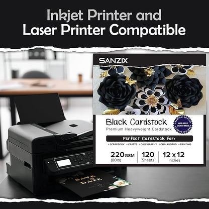 SANZIX 120 Sheets Black Cardstock 12x12 - Heavyweight 80 Lbs 220 GSM Black 12x12 Cardstock for Crafts | Laser & Inkjet Printer Compatible, Perfect for Scrapbooking, Invitations, Card Making & DIY