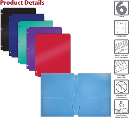 Better Office Products 3 Hole Punch Pocket Folders, Bulk Pack, Sturdy Plastic 2 Pocket Folders, Assorted Primary Colors, Letter Size, with Business Card Slot, (6 Pack)