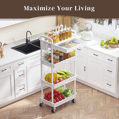 4 Tier Rolling Utility Cart with Drawer, Utility Storage Organizer with Plastic Shelf & Lockable Wheels Multifunctional Storage Cart for Kitchen, Bathroom, Office, Living Room, White