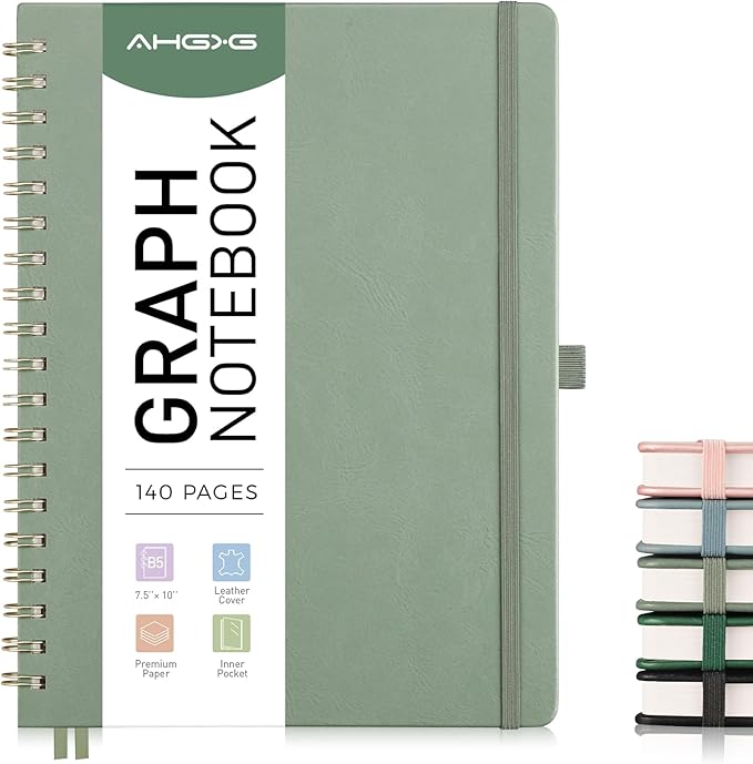 AHGXG Graph Paper Notebook - Spiral Notebook Hardcover Leather Journal 140 Pages, B5 Large Grid Notebook 7.6" x 10", 100 gsm Thick Paper, for School Writing Graphing Engineering Math, Sage Green