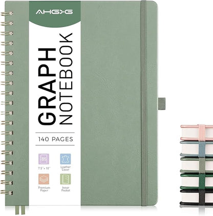 AHGXG Graph Paper Notebook - Spiral Notebook Hardcover Leather Journal 140 Pages, B5 Large Grid Notebook 7.6" x 10", 100 gsm Thick Paper, for School Writing Graphing Engineering Math, Sage Green