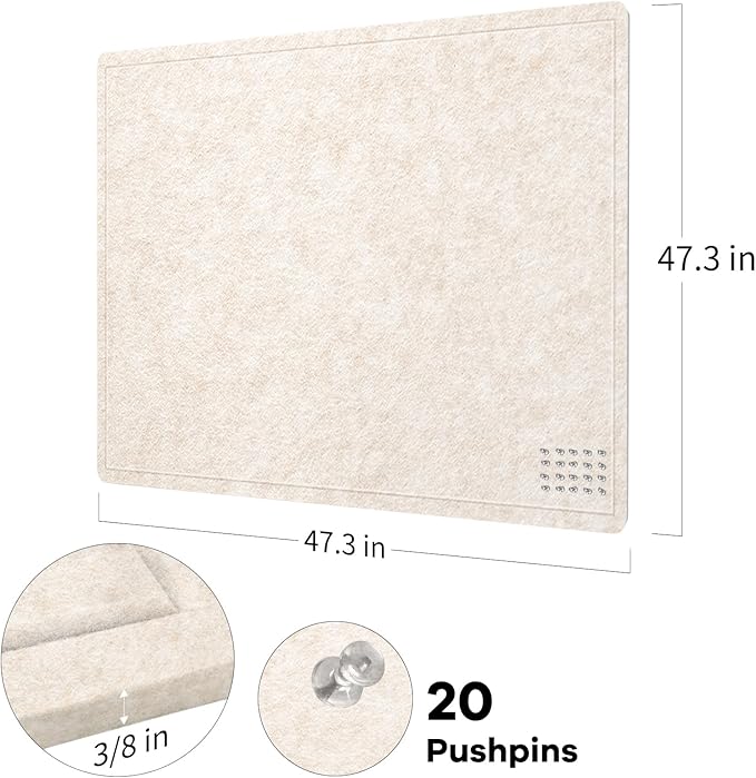 Large Bulletin Board - 48 x 48 Inches, Decorative Felt Pin Board for Wall - 4' x 4' Foldable Photo Display Board with Self-Adhesive Tape, Includes 20 Push Pins - Oatmeal
