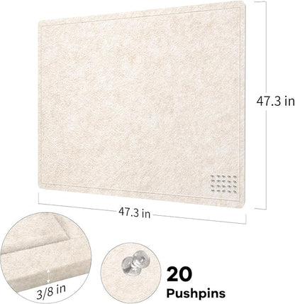 Large Bulletin Board - 48 x 48 Inches, Decorative Felt Pin Board for Wall - 4' x 4' Foldable Photo Display Board with Self-Adhesive Tape, Includes 20 Push Pins - Oatmeal