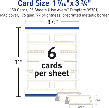 Avery Printable Place Cards with Sure Feed Technology, 1-7/16" x 3-3/4", White with Gold Border, 150 Blank Tent Cards for Laser or Inkjet Printers (35701)