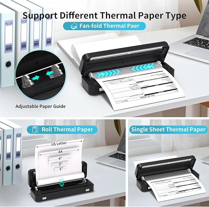 300DPI Portable Printer Wireless for Travel, Inkless Small Bluetooth Printers for Home Use, Compatible with Mobile Phone & Laptop, Support 8.5 x 11 Inch & A4 Thermal Printer Paper, Black