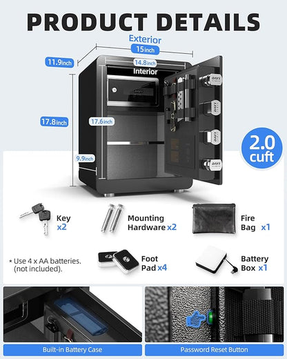 DAYI Biometric Fingerprint Safe Box, 2.0 Cubic Feet Home Safes with Fireproof Bag, Digital Touchpad Security Safe for Money Cash Documents, Dual Alarm System - DF-45 Pro
