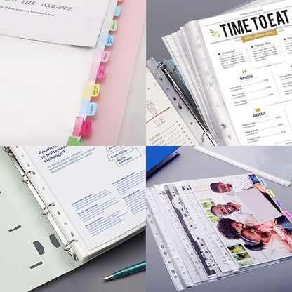 100 Pcs Sheet Protectors 12in*9in Clear Binder Sleeves with 9 Sheets Color Tabs for 2/3/4 Ring Binder(11 Hole)