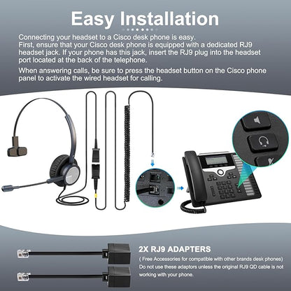 Cisco Landline Phone Headset One Ear Office Wired Telephone Headset with RJ9 Jack Works for Cisco CP-7841 7931G 7940 7941G 7942G 7945G 7960 7961G 7962G 7965G 7970 8841 8851 8961 etc