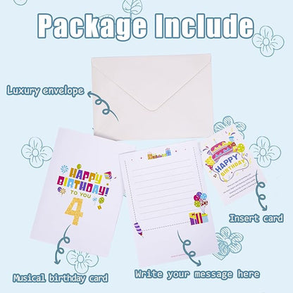 Gumry 4TH Musical Birthday PopUp Card, Blowable Colorful Light Candle 3D Cards with Song, Applause Cheers Sound, Greeting Cards Birthday Gifts Decorations for Daughter Son Turning 4 Years Old