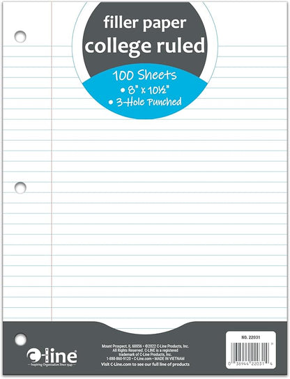 C-Line Filler Paper, College Ruled, White, 100 Sheets, (22031)