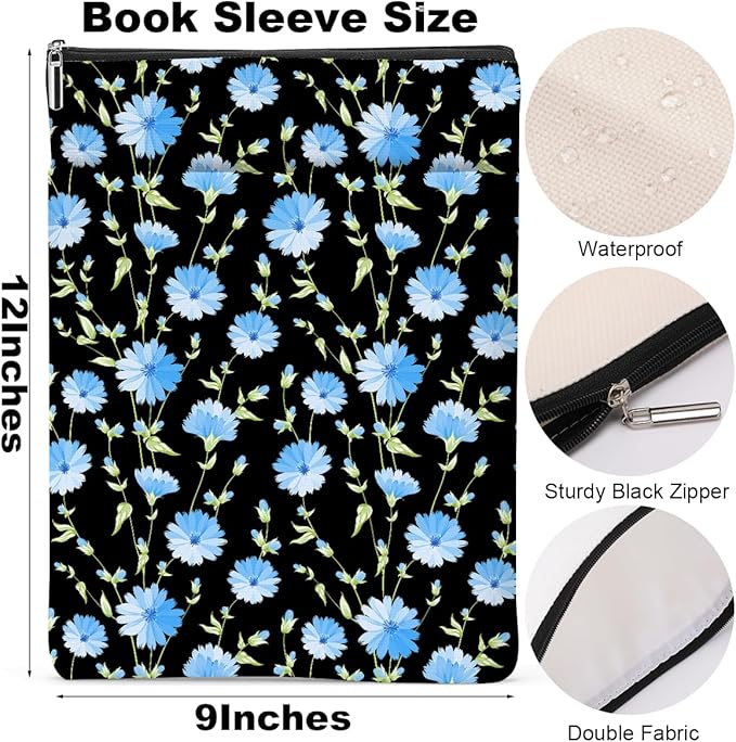 Blue Flower Pattern Book Lovers Gifts Waterproof Book Sleeve Book Pouch Book Protector with Zipper and Front Pocket BookCover Case for Women Best Friend Grandma Book Accessories Book Club Gifts