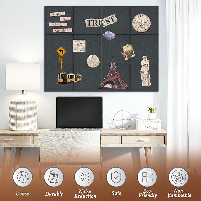 Large Cork Board for Walls with 30 Push Pins-48"X36", Easy to Peel&Stick Vision Bulletin Board Tiles, Black Poster Felt Board Supplies Set Home Office Classroom Corkboard Decor Self Adhesive