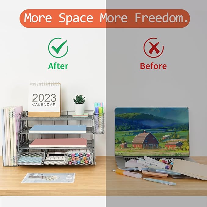 Desk Organizers and Accessories, Desk Accessories & Workspace Organizers for Office Supplies, File Organizer Desk Drawer Organizer with 2 Pen Holders, 4 Tier Paper Organizer for Desk(Grey)