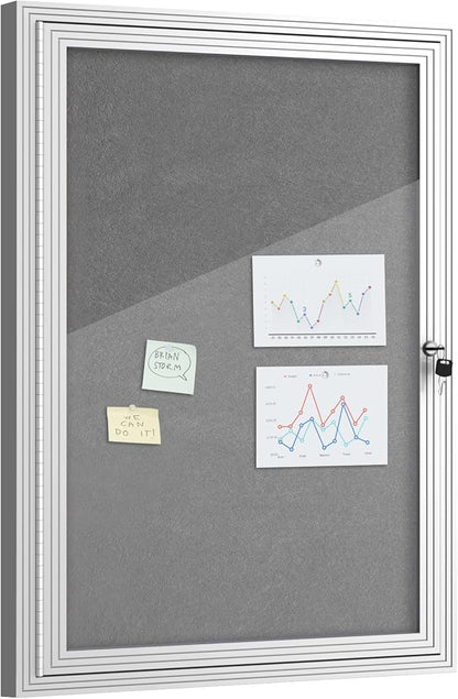 36"x24" Enclosed Bulletin Board, Outdoor Lockable Weather-Resistant Aluminum Cork Noticeboard for School & Office, Silver Frame w/Grey Flet