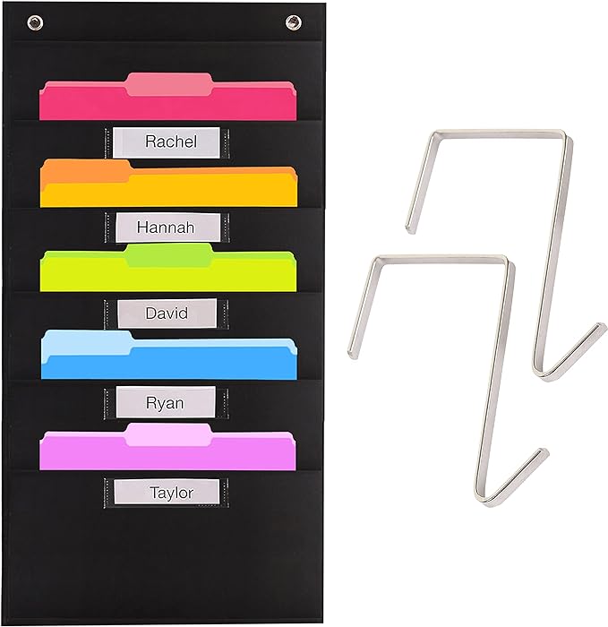 Hippo Creation Heavy Duty Storage Pocket Chart for Classroom, 5 Pocket Storage Organizer with 2 Over-Door Hangers, Hanging Wall Organizer for File Folders, School Mailbox, Home Office Papers - Black