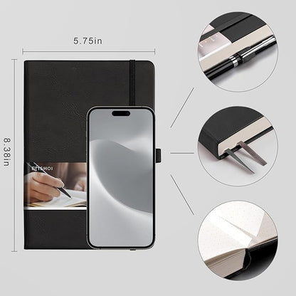 EMSHOI Dotted Notebook - 256 Pages A5 Dotted Grid Journal Notebook,120gsm Thick Paper,16 Perforated Pages, Smooth PU Leather, Inner Pocket,5.75'' × 8.38''-Black