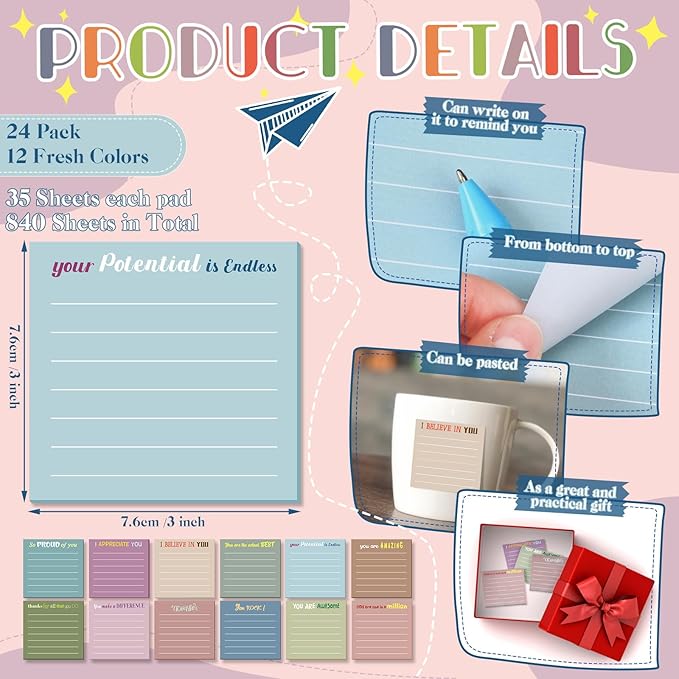 Yinder 24 Pcs Inspirational Sticky Notes with Lines Cute Motivational Sticky Notes Pad Employee Appreciation Gifts Bulk for Teacher Nurse Coworkers Office Supplies 3 x 3''(Morandi Color,Appreciation)
